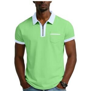 Men's Short Sleeve Slim Fit Polo Shirt – Bright Green with Zip-Front Detail
